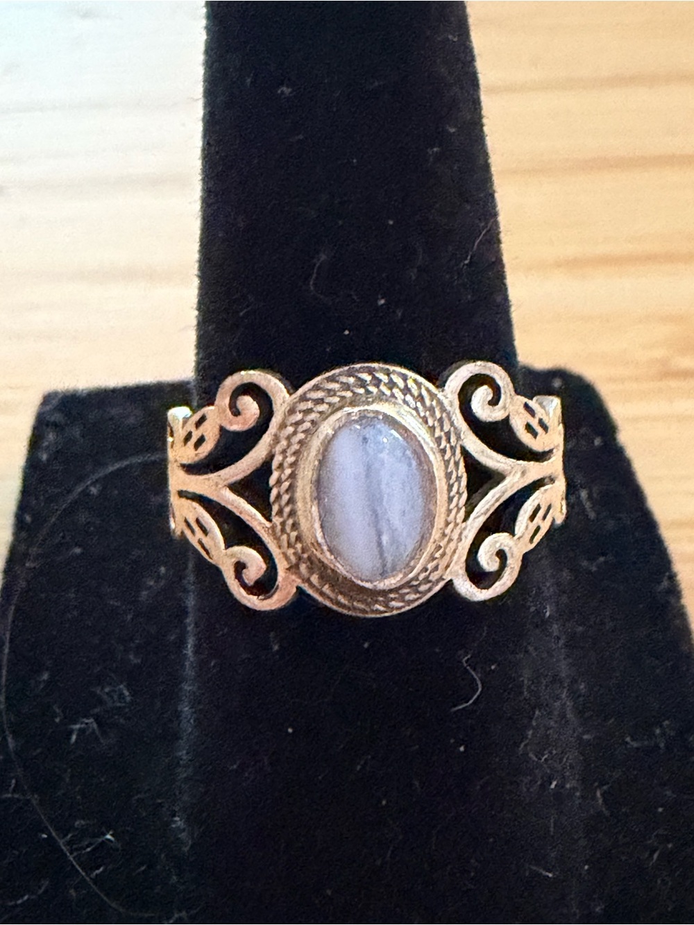 Blue Chalcedony Filigree Ring Oval Cabochon Gemstone Vintage Style Jewelry, 6.5